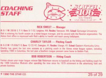 1990 Star Columbus Mudcats #25 Coaching Staff (Rick Sweet / Charley Taylor / Bob Robertson) Back