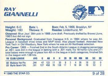 1990 Star Dunedin Blue Jays #9 Ray Giannelli Back