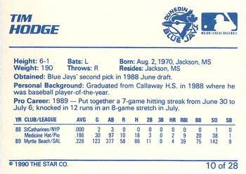 1990 Star Dunedin Blue Jays #10 Tim Hodge Back