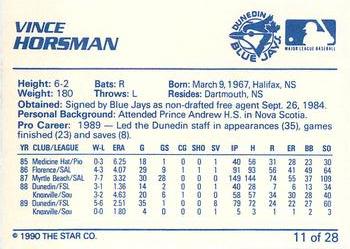 1990 Star Dunedin Blue Jays #11 Vince Horsman Back