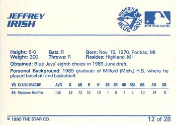 1990 Star Dunedin Blue Jays #12 Jeff Irish Back
