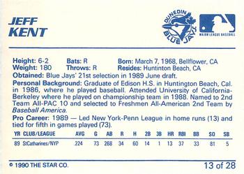 1990 Star Dunedin Blue Jays #13 Jeff Kent Back
