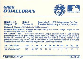 1990 Star Dunedin Blue Jays #14 Greg O'Halloran Back