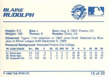1990 Star Dunedin Blue Jays #15 Blaine Rudolph Back