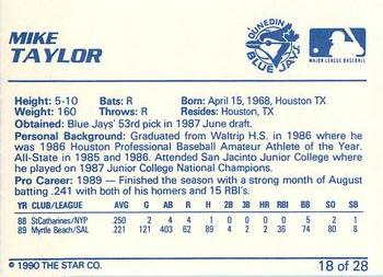 1990 Star Dunedin Blue Jays #18 Mike Taylor Back