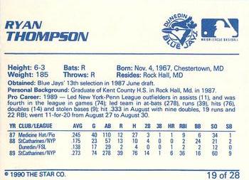 1990 Star Dunedin Blue Jays #19 Ryan Thompson Back
