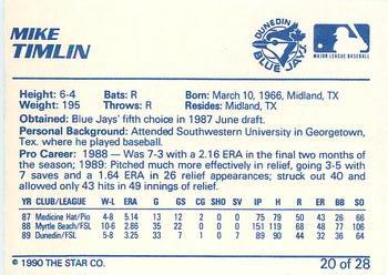 1990 Star Dunedin Blue Jays #20 Mike Timlin Back