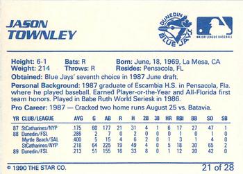 1990 Star Dunedin Blue Jays #21 Jason Townley Back