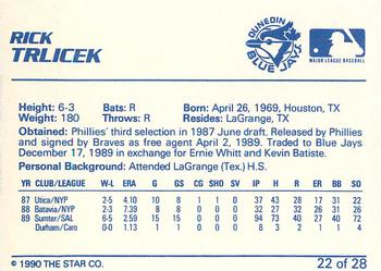 1990 Star Dunedin Blue Jays #22 Rick Trlicek Back