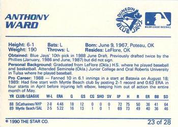 1990 Star Dunedin Blue Jays #23 Anthony Ward Back