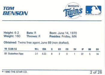 1990 Star Elizabethton Twins #2 Tom Benson Back
