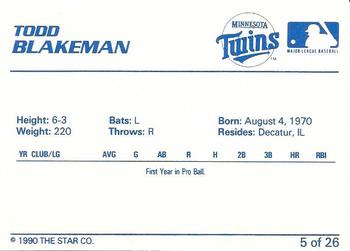 1990 Star Elizabethton Twins #5 Todd Blakeman Back