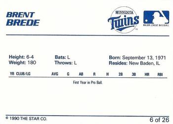 1990 Star Elizabethton Twins #6 Brent Brede Back