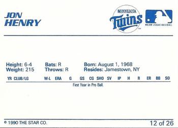 1990 Star Elizabethton Twins #12 Jon Henry Back