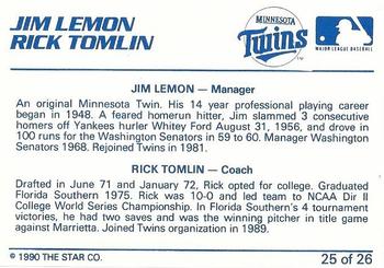 1990 Star Elizabethton Twins #25 Coaches (Jim Lemon / Rick Tomlin) Back