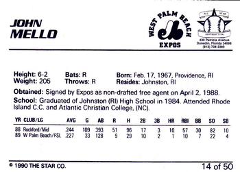 1990 Star Florida State League All-Stars #14 John Mello Back