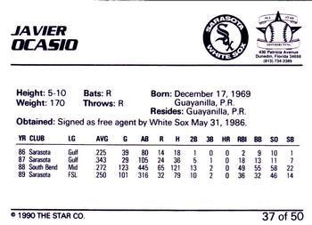 1990 Star Florida State League All-Stars #37 Javier Ocasio Back