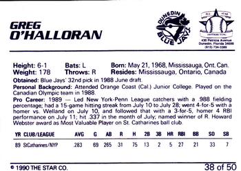 1990 Star Florida State League All-Stars #38 Greg O'Halloran Back