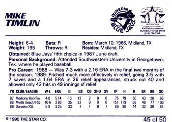 1990 Star Florida State League All-Stars #45 Mike Timlin Back