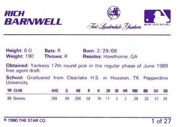 1990 Star Ft. Lauderdale Yankees #1 Rich Barnwell Back