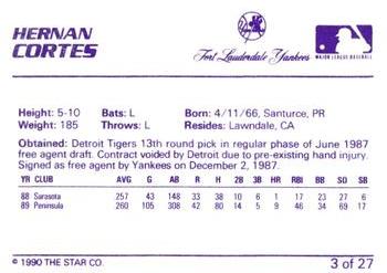 1990 Star Ft. Lauderdale Yankees #3 Hernan Cortes Back