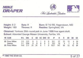 1990 Star Ft. Lauderdale Yankees #5 Mike Draper Back