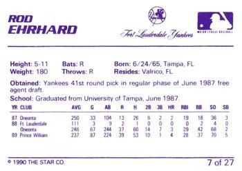 1990 Star Ft. Lauderdale Yankees #7 Rod Ehrhard Back