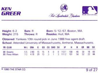 1990 Star Ft. Lauderdale Yankees #9 Ken Greer Back