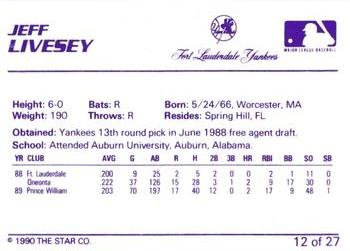 1990 Star Ft. Lauderdale Yankees #12 Jeff Livesey Back
