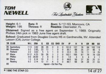 1990 Star Ft. Lauderdale Yankees #14 Tom Newell Back
