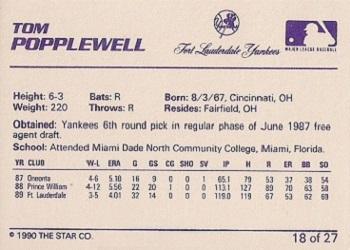 1990 Star Ft. Lauderdale Yankees #18 Tom Popplewell Back