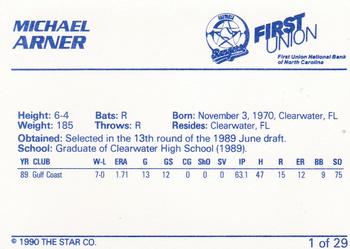 1990 Star Gastonia Rangers #1 Michael Arner Back