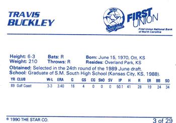1990 Star Gastonia Rangers #3 Travis Buckley Back
