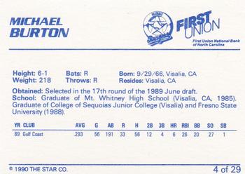 1990 Star Gastonia Rangers #4 Michael Burton Back