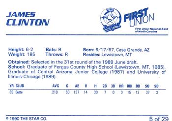 1990 Star Gastonia Rangers #5 James Clinton Back