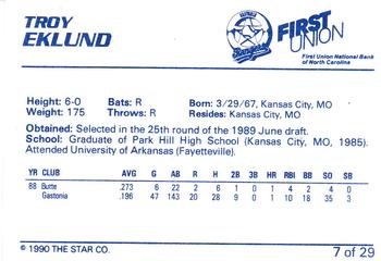 1990 Star Gastonia Rangers #7 Troy Eklund Back