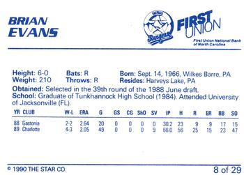 1990 Star Gastonia Rangers #8 Brian Evans Back