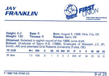 1990 Star Gastonia Rangers #9 Jay Franklin Back