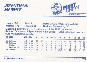 1990 Star Gastonia Rangers #11 Jonathan Hurst Back