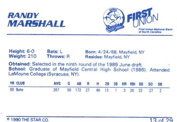 1990 Star Gastonia Rangers #13 Randy Marshall Back