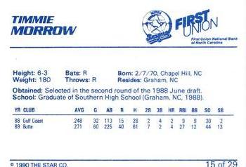 1990 Star Gastonia Rangers #15 Timmie Morrow Back