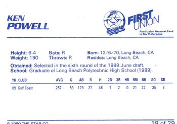 1990 Star Gastonia Rangers #18 Ken Powell Back