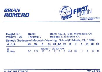 1990 Star Gastonia Rangers #20 Brian Romero Back