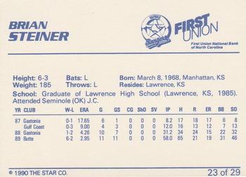 1990 Star Gastonia Rangers #23 Brian Steiner Back