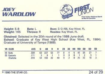 1990 Star Gastonia Rangers #24 Joey Wardlow Back