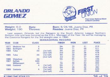 1990 Star Gastonia Rangers #26 Orlando Gomez Back