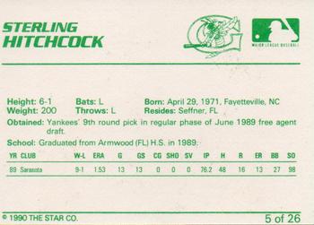 1990 Star Greensboro Hornets #5 Sterling Hitchcock Back