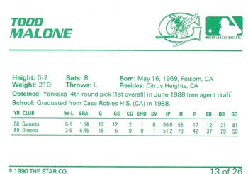 1990 Star Greensboro Hornets #13 Todd Malone Back