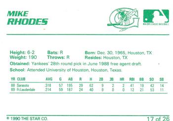 1990 Star Greensboro Hornets #17 Mike Rhodes Back