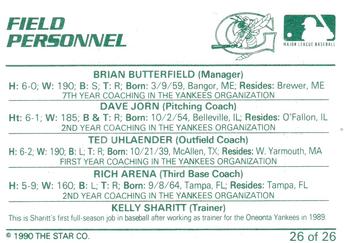 1990 Star Greensboro Hornets #26 Field Personnel (Brian Butterfield / Dave Jorn / Ted Uhlaender / Rich Arena / Kelly Sharitt ) Back